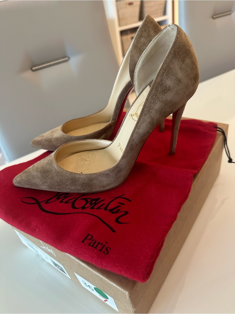 Christian Louboutin AUTHENTIC Taupe Suede Pointed-Toe Stiletto Heels